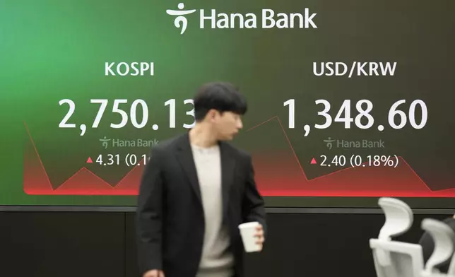 A currency trader walks by the screens showing the Korea Composite Stock Price Index (KOSPI), left, and the foreign exchange rate between U.S. dollar and South Korean won at a foreign exchange dealing room in Seoul, South Korea, Friday, March 29, 2024. Asian shares were mostly higher Friday in quiet holiday trading, with markets closed in Hong Kong, Sydney, Singapore and India, among other places. (AP Photo/Lee Jin-man)