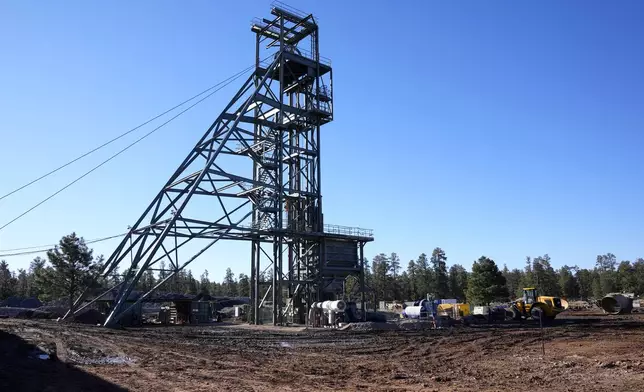 The shaft tower at the Energy Fuels Inc. uranium Pinyon Plain Mine is shown Wednesday, Jan. 31, 2024, near Tusayan, Ariz. The largest uranium producer in the United States is ramping up work just south of Grand Canyon National Park on a long-contested project that largely has sat dormant since the 1980s. (AP Photo/Ross D. Franklin)