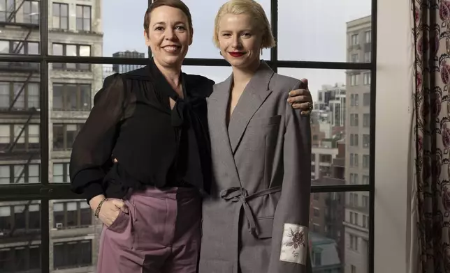 Olivia Colman, left, and Jessie Buckley pose for a portrait to promote "Wicked Little Letters" on Wednesday, March 20, 2024, in New York. (Photo by Matt Licari/Invision/AP)