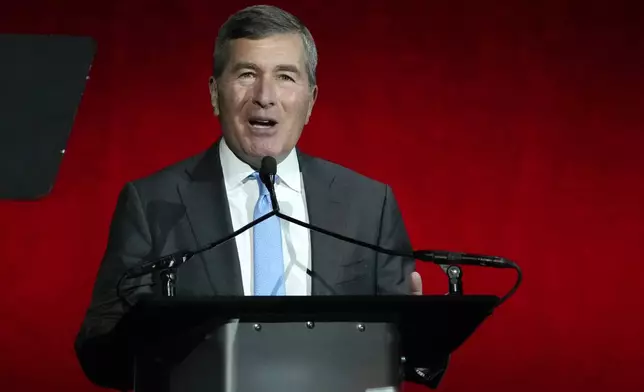 Charles Rivkin, chairman and CEO of the Motion Picture Association (MPA), addresses the audience during CinemaCon 2024 at Caesars Palace, Tuesday, April 9, 2024, in Las Vegas. The four-day convention of the National Association of Theatre Owners (NATO) runs through Thursday. (AP Photo/Chris Pizzello)