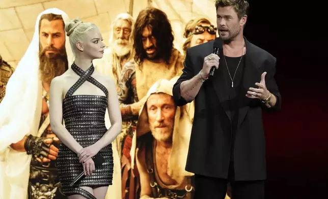 Chris Hemsworth, right, and Anya Taylor-Joy, cast members in the upcoming film "Furiosa: A Mad Max Saga," discuss the film onstage during the Warner Bros. Pictures presentation at CinemaCon 2024, Tuesday, April 9, 2024, in Las Vegas. (AP Photo/Chris Pizzello)