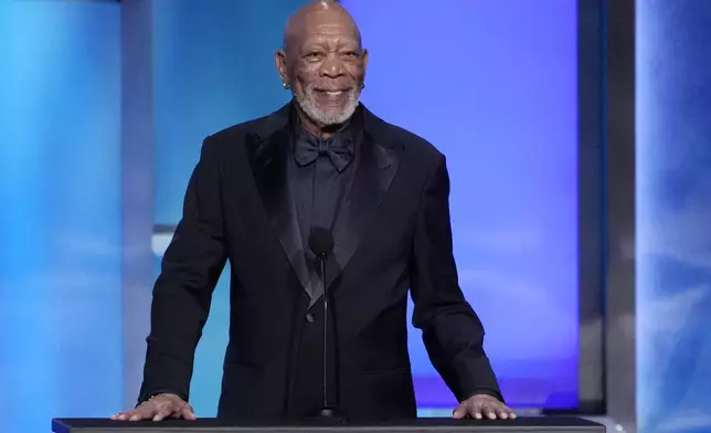 Actor Morgan Freeman speaks from the stage during the 49th AFI Life Achievement Award tribute to Nicole Kidman, Saturday, April 27, 2024, at the Dolby Theatre in Los Angeles. (AP Photo/Chris Pizzello)