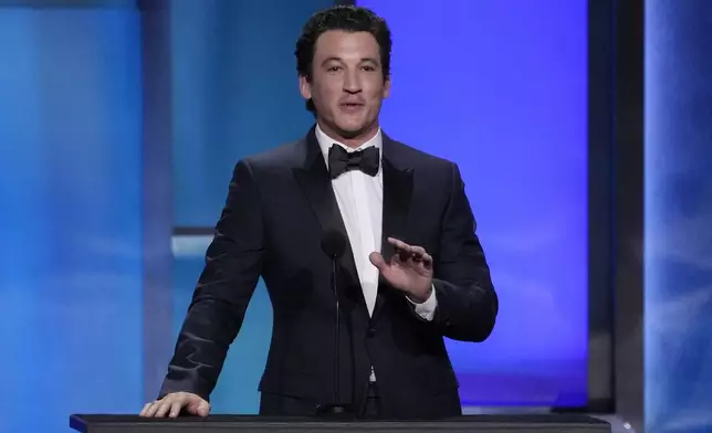 Actor Miles Teller speaks from the stage during the 49th AFI Life Achievement Award tribute to Nicole Kidman, Saturday, April 27, 2024, at the Dolby Theatre in Los Angeles. (AP Photo/Chris Pizzello)