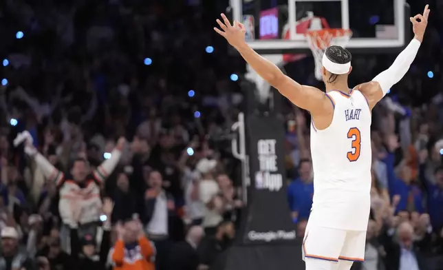 New York Knicks guard Josh Hart reacts after scoring a 3-point basket during the final minutes of Game 1 of an NBA basketball first-round playoff series against the Philadelphia 76ers, Saturday, April 20, 2024, at Madison Square Garden in New York. (AP Photo/Mary Altaffer)