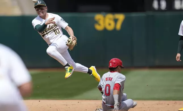 Oakland Athletics shortstop Nick Allen (10) throws to first base after forcing out St. Louis Cardinals' Masyn Winn (0) at second base on a double play hit into by Michael Siani during the fourth inning of a baseball game in Oakland, Calif., Wednesday, April 17, 2024. (AP Photo/Jeff Chiu)