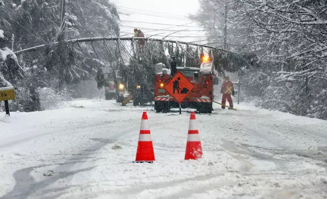 A portion of Route 9 between Falmouth and Cumberland is closed as crews work to remove a downed tree spanning the snow-covered roadway in Falmouth, Maine, Thursday, April 4, 2024, following a spring snowstorm. (Ben McCanna/Portland Press Herald via AP)