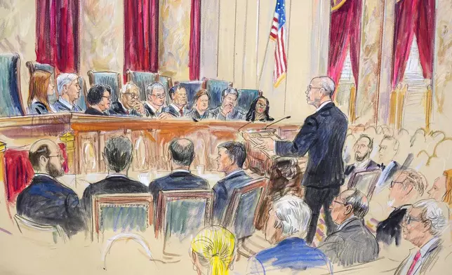 This artist sketch depicts Michael Dreeben, counselor to Special Counsel Jack Smith, right, as he argues before the Supreme Court during about whether former President Donald Trump is immune from prosecution in a case charging him with plotting to overturn the results of the 2020 presidential election, on Capitol Hill in Washington, Thursday, April 25, 2024. (Dana Verkouteren via AP))