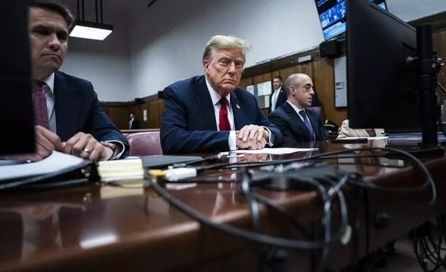 Former President Donald Trump sits in Manhattan criminal court with his legal team ahead of the start of jury selection in New York, Monday, April 15, 2024. (Jabin Botsford/Pool Photo via AP)
