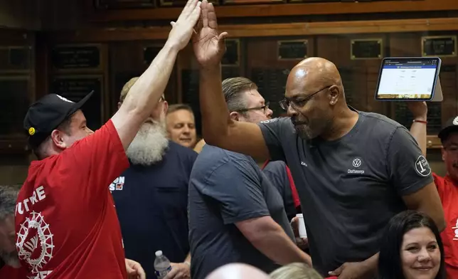 Volkswagen automobile plant employee Robert Crump, left, hi-fives fellow employee Kelvin Allen as they watch the results of a UAW union vote, late Friday, April 19, 2024, in Chattanooga, Tenn. (AP Photo/George Walker IV)