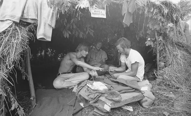 FILE - Music fans seek shelter in a grass hut at the Woodstock Music and Art Festival in Bethel, N.Y., Aug. 17, 1969. The sign above reads "Have a Marijuana." Marijuana advocates are gearing up for Saturday, April 20, 2024. Known as 4/20, marijuana's high holiday is marked by large crowds gathering in parks, at festivals and on college campuses to smoke together. Medical marijuana is now legal in 38 states. (AP Photo/File)