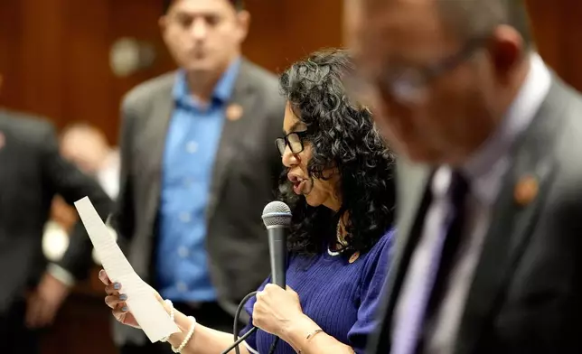 Arizona State Rep. Teresa Martinez, R, speaks on floor at the Capitol, Wednesday, April 10, 2024, in Phoenix. The Arizona Supreme Court ruled Tuesday that the state can enforce its long-dormant law criminalizing all abortions except when a mother's life is at stake. (AP Photo/Matt York)