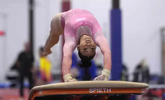 Sunisa Lee competes on the vault at the American Classic Saturday, April 27, 2024, in Katy, Texas. (AP Photo/David J. Phillip)