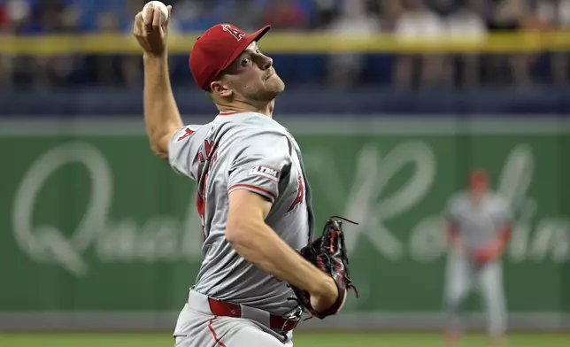 Los Angeles Angels starter Reid Detmers pitches to a Tampa Bay Rays batter during the first inning of a baseball game Wednesday, April 17, 2024, in St. Petersburg, Fla. (AP Photo/Steve Nesius)