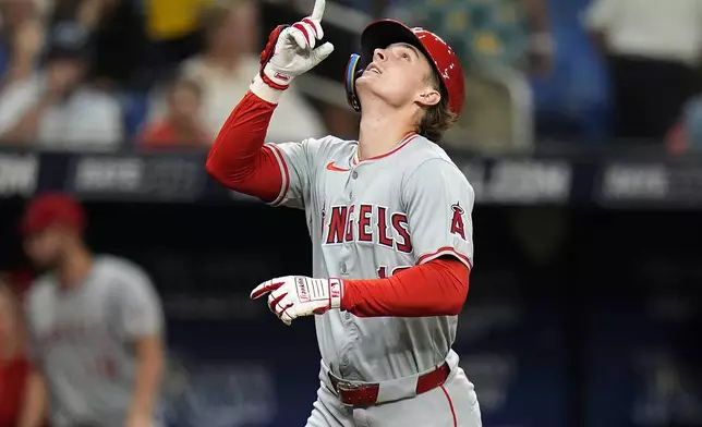 Los Angeles Angels' Mickey Moniak celebrates his two-run home run off Tampa Bay Rays starting pitcher Aaron Civale during the fourth inning of a baseball game Tuesday, April 16, 2024, in St. Petersburg, Fla. (AP Photo/Chris O'Meara)