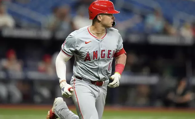 Los Angeles Angels' Logan O'Hoppe runs the bases on a solo home run off Tampa Bay Rays starting pitcher Aaron Civale during the fourth inning of a baseball game Tuesday, April 16, 2024, in St. Petersburg, Fla. (AP Photo/Chris O'Meara)