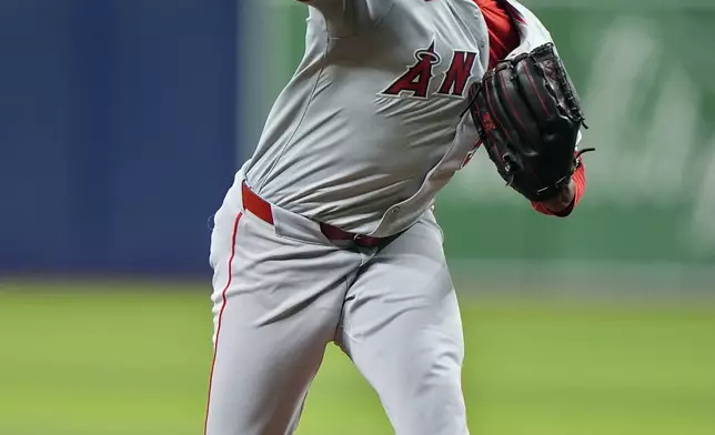 Los Angeles Angels' Jose Soriano pitches to a Tampa Bay Rays batter during the first inning of a baseball game Tuesday, April 16, 2024, in St. Petersburg, Fla. (AP Photo/Chris O'Meara)