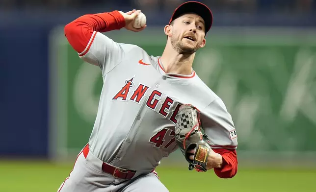 Los Angeles Angels starting pitcher Griffin Canning delivers to the Tampa Bay Rays during the first inning of a baseball game Thursday, April 18, 2024, in St. Petersburg, Fla. (AP Photo/Chris O'Meara)