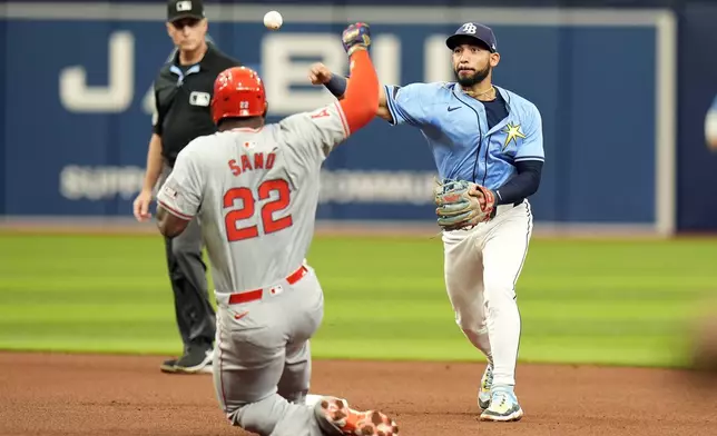 Tampa Bay Rays shortstop Jose Caballero forces Los Angeles Angels' Miguel Sano (22) at second base and relays the throw to first to turn a double play on Mickey Moniak during the fourth inning of a baseball game Thursday, April 18, 2024, in St. Petersburg, Fla. (AP Photo/Chris O'Meara)