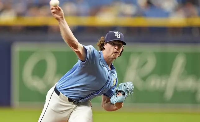 Tampa Bay Rays starting pitcher Ryan Pepiot delivers to the Los Angeles Angels during the first inning of a baseball game Thursday, April 18, 2024, in St. Petersburg, Fla. (AP Photo/Chris O'Meara)