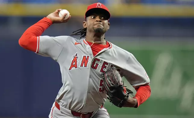 Los Angeles Angels pitcher Jose Soriano delivers to a Tampa Bay Rays batter during the first inning of a baseball game Tuesday, April 16, 2024, in St. Petersburg, Fla. (AP Photo/Chris O'Meara)