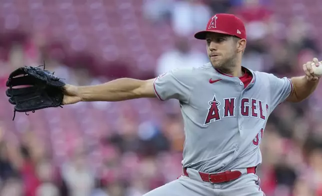 Los Angeles Angels pitcher Tyler Anderson throws in the first inning of a baseball game against the Cincinnati Reds, Friday, April 19, 2024, in Cincinnati. (AP Photo/Carolyn Kaster)
