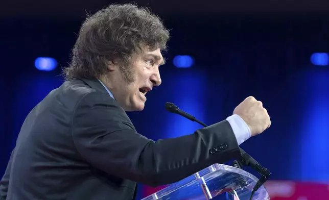 FILE - Argentina's President Javier Milei speaks during the Conservative Political Action Conference, CPAC 2024, at the National Harbor, in Oxon Hill, Md., Feb. 24, 2024. (AP Photo/Jose Luis Magana, File)