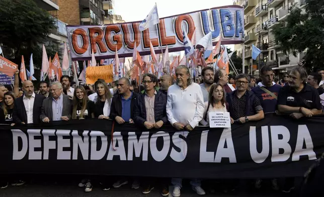 People march to demand more funding for public universities and against austerity measures proposed by President Javier Milei in Buenos Aires, Argentina, Tuesday, April 23, 2024. (AP Photo/Rodrigo Abd)