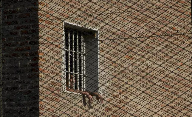 An inmate looks out from a window at Pinero jail in Pinero, Argentina, Tuesday, April 9, 2024. Authorities have ramped up prison raids, seized thousands of smuggled cellphones and restricted visits. (AP Photo/Natacha Pisarenko)
