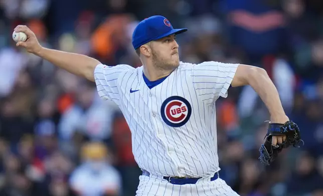 Chicago Cubs starting pitcher Jameson Taillon throws to a Houston Astros batter during the first inning of a baseball game Wednesday, April 24, 2024, in Chicago. (AP Photo/Erin Hooley)