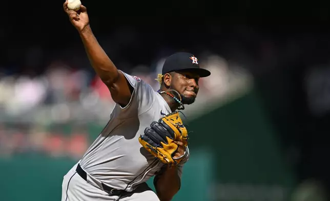 Houston Astros pitcher Bryan Abreu throws during the first inning of a baseball game against the Washington Nationals at Nationals Park, Saturday, April 20, 2024, in Washington. (AP Photo/John McDonnell)