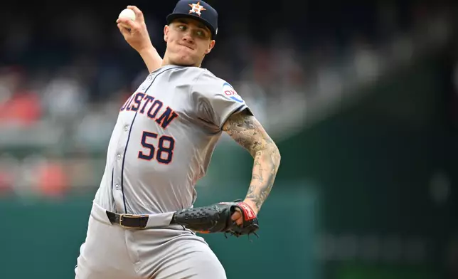 Houston Astros pitcher Hunter Brown throws during the first inning of a baseball game against the Washington Nationals at Nationals Park, Sunday, April 21, 2024, in Washington. (AP Photo/John McDonnell)