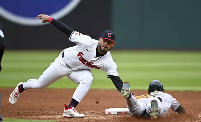 Oakland Athletics' Esteury Ruiz is caught stealing second base by Cleveland Guardians' Gabriel Arias during the third inning of a baseball game Saturday, April 20, 2024, in Cleveland. (AP Photo/Nick Cammett)