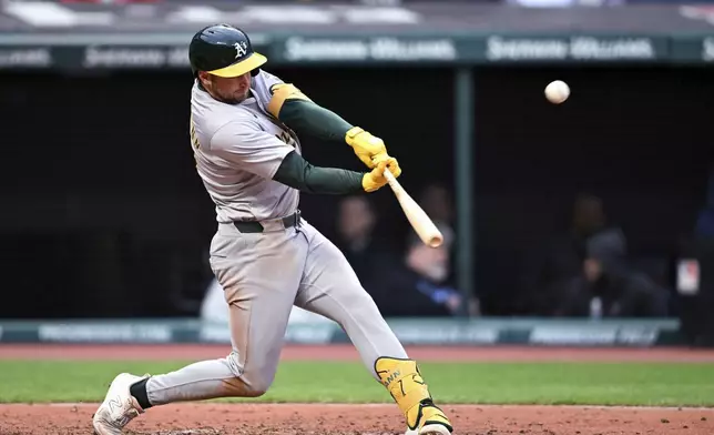 Oakland Athletics' Max Schuemann hits a solo home run off Cleveland Guardians starting pitcher Logan Allen for his first career home run, during the fifth inning of a baseball game Saturday, April 20, 2024, in Cleveland. (AP Photo/Nick Cammett)