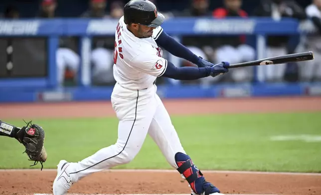 Cleveland Guardians' Ramón Laureano hits an RBI double against the Oakland Athletics during the first inning of a baseball game Saturday, April 20, 2024, in Cleveland. (AP Photo/Nick Cammett)