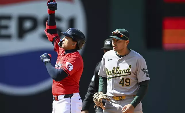 Cleveland Guardians' Bo Naylor, left, celebrates after hitting a double during the seventh inning of a baseball game against the Oakland Athletics, Sunday, April 21, 2024, in Cleveland. (AP Photo/Nick Cammett)