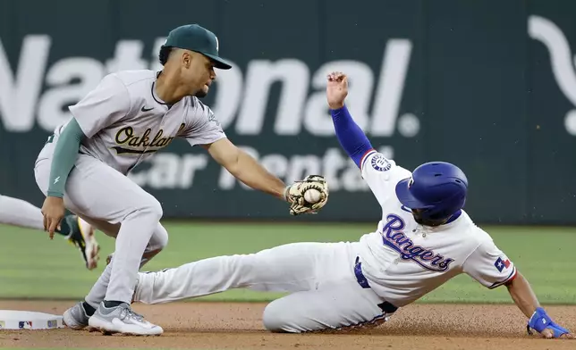 Texas Rangers' Marcus Semien, right, steals second base as Oakland Athletics shortstop Darell Hernaiz makes the late tag during the first inning of a baseball game Thursday, April 11, 2024, in Arlington, Texas. (AP Photo/Michael Ainsworth)
