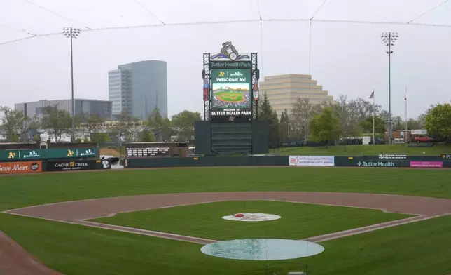 Sutter Health Park, home of the Triple A team Sacramento River Cats, is shown in West Sacramento, Calif., Thursday, April 4, 2024. The Oakland Athletics announced the decision to play at the home of the Sacramento River Cats from 2025-27 with an option for 2028 on Thursday after being unable to reach an agreement to extend their lease in Oakland during that time. (AP Photo/Rich Pedroncelli)