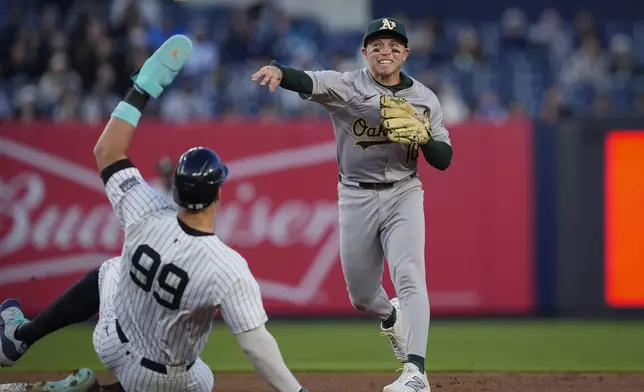 Oakland Athletics shortstop Nick Allen throws to first base for the double play after forcing out New York Yankees' Aaron Judge (99) during the first inning of a baseball game Thursday, April 25, 2024, in New York. Anthony Rizzo was out at first. (AP Photo/Bryan Woolston)