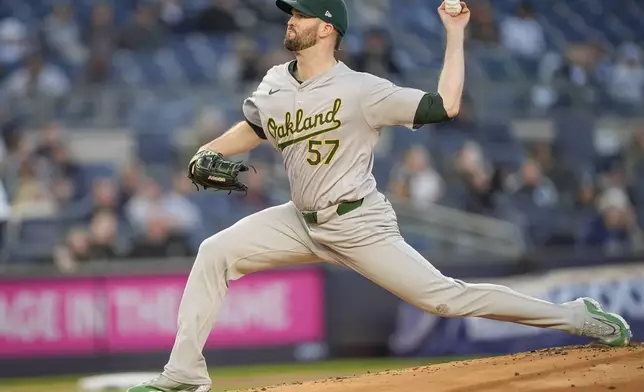 Oakland Athletics pitcher Alex Wood (57) pitches during the first inning of a baseball game against the New York Yankees, Thursday, April 25, 2024, in New York. (AP Photo/Bryan Woolston)