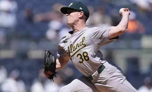 Oakland Athletics pitcher JP Sears throws during the first inning of the baseball game against the New York Yankees at Yankee Stadium Monday, April 22, 2024, in New York. (AP Photo/Seth Wenig)