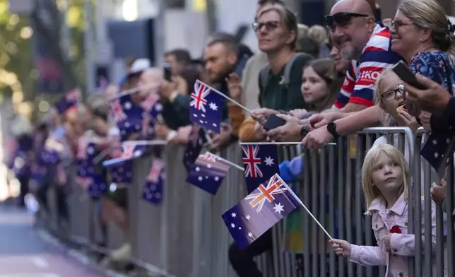Crowds react as they watch the Anzac Day parade in the central business district of Sydney, Australia, Thursday, April 25, 2024. (AP Photo/Mark Baker)