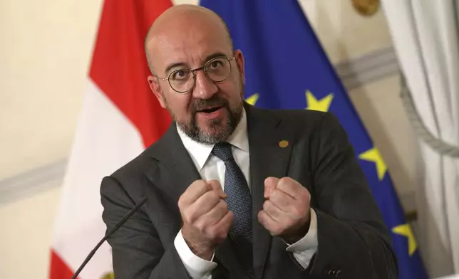 European Council President Charles Michel speaks in Vienna Austria, Friday, April 12, 2024. Michel and Austria's Chancellor Karl Nehammer host a meeting with the Danish, Latvian, Maltese, Slovak, Slovenian and Cypriot leaders on the "strategic agenda of the EU." (AP Photo/Heinz-Peter Bader)