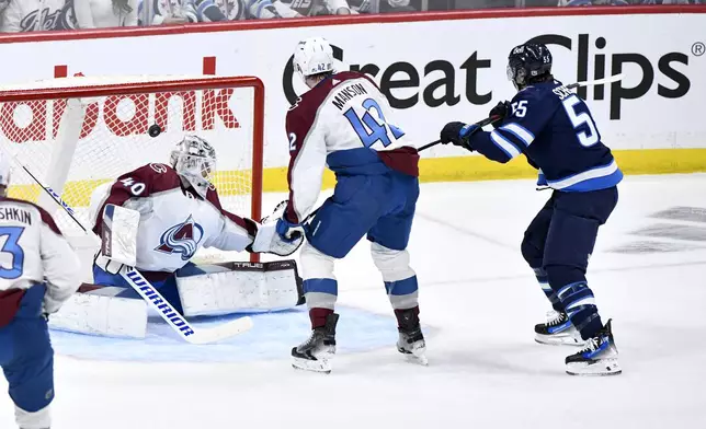 Winnipeg Jets' Mark Scheifele (55) scores against Colorado Avalanche goaltender Alexandar Georgiev (40) during the first period in Game 1 of an NHL hockey Stanley Cup first-round playoff series in Winnipeg, Manitoba, Sunday April 21, 2024. (Fred Greenslade/The Canadian Press via AP)