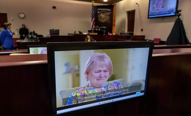 Olga Solovey, speaks by video from Ukraine, during the sentencing hearing for Hannah Gutierrez-Reed in state district court in Santa Fe, New Mexico, on Monday April 15, 2024. Gutierrez Reed, the armorer on the set of the Western film "Rust," was convicted of involuntary manslaughter in the death of Solovey's daughter, cinematographer Halyna Hutchins, who was fatally shot by Alec Baldwin during a rehearsal in 2021. (Eddie Moore/Albuquerque Journal via AP, Pool)