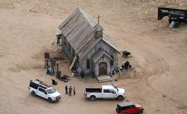 FILE - This aerial photo shows the Bonanza Creek Ranch in Santa Fe, New Mexico, Oct. 23, 2021, used for the film "Rust." A New Mexico judge Monday, April 15, 2024, sentenced “Rust” movie armorer to 18 months in prison for fatal on-set shooting by Alec Baldwin. (AP Photo/Jae C. Hong, File)