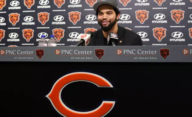 Chicago Bears No. 1 draft pick quarterback Caleb Williams speaks during an NFL football news conference in Lake Forest, Ill., Friday, April 26, 2024. (AP Photo/Nam Y. Huh)
