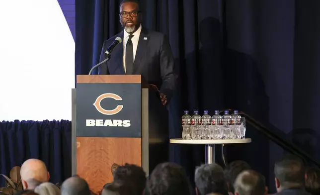 Chicago Bears president Kevin Warren speaks during a news conference where NFL football team unveiled a nearly $5 billion proposal Wednesday, April 24, 2024, in Chicago, for an enclosed stadium next door to their current home at Soldier Field.(AP Photo/Teresa Crawford)