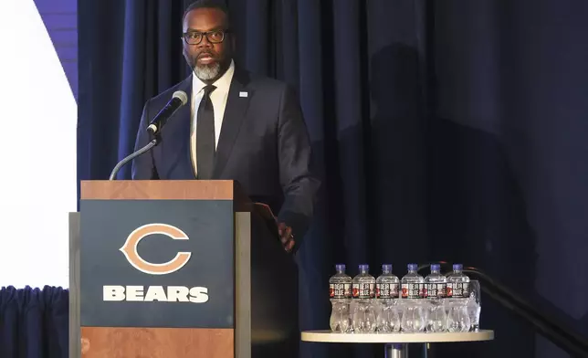 Chicago Bears president Kevin Warren speaks during a news conference where NFL football team unveiled a nearly $5 billion proposal Wednesday, April 24, 2024, in Chicago, for an enclosed stadium next door to their current home at Soldier Field.(AP Photo/Teresa Crawford)