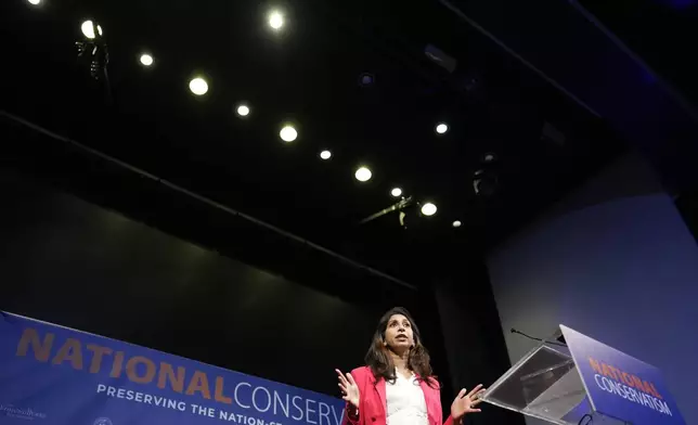 Former British Home Secretary Suella Braverman speaks during the National Conservatism conference in Brussels, Tuesday, April 16, 2024. (AP Photo/Virginia Mayo)