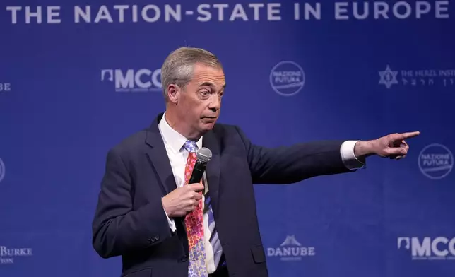 Former MEP and Honorary President of the Reform UK party Nigel Farage speaks during the National Conservatism conference in Brussels, Tuesday, April 16, 2024. (AP Photo/Virginia Mayo)